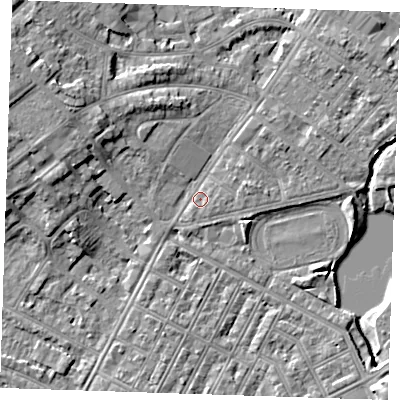 Shaded relief map of the ground around BN227RP, computed from Environment Agency LiDAR. The ground here sits at about 3 m above sea level and falls 8 m across the surrounding 800 m. Surface water reaching this point runs off ground lying to the north-west, 5.2 m higher.