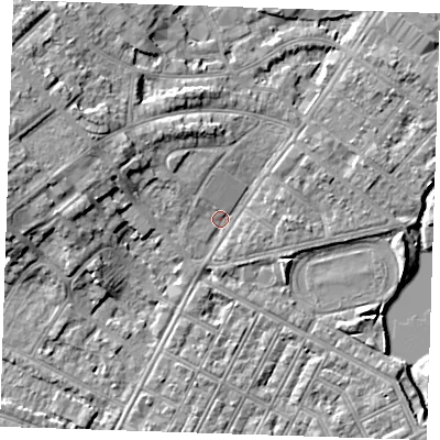Shaded relief map of the ground around BN227RR, computed from Environment Agency LiDAR. The ground here sits at about 3 m above sea level and falls 9 m across the surrounding 800 m. Surface water reaching this point runs off ground lying to the west-north-west, 6.3 m higher.