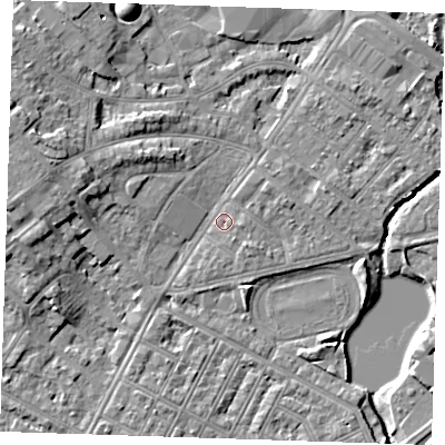 Shaded relief map of the ground around BN227RS, computed from Environment Agency LiDAR. The ground here sits at about 3 m above sea level and falls 8 m across the surrounding 800 m. Surface water reaching this point runs off ground lying to the west-north-west, 5.2 m higher.