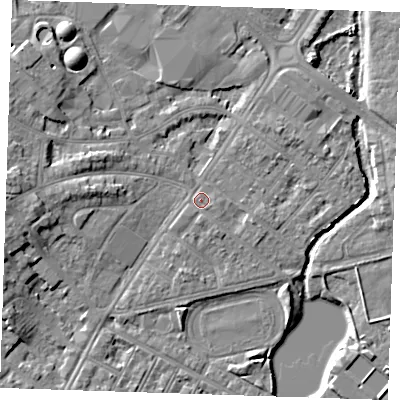 Shaded relief map of the ground around BN227RT, computed from Environment Agency LiDAR. The ground here sits at about 4 m above sea level and falls 7 m across the surrounding 800 m. Surface water reaching this point runs off ground lying to the south-south-east, 0.9 m higher.