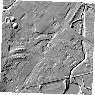 Shaded relief map of the ground around BN227RY, computed from Environment Agency LiDAR. The ground here sits at about 3 m above sea level and falls 7 m across the surrounding 800 m. Surface water reaching this point runs off ground lying to the south, 2.6 m higher.