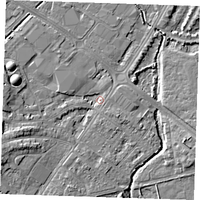 Shaded relief map of the ground around BN227RZ, computed from Environment Agency LiDAR. The ground here sits at about 3 m above sea level and falls 7 m across the surrounding 800 m. Surface water reaching this point runs off ground lying to the west-south-west, 4.4 m higher.