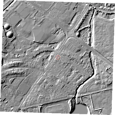 Shaded relief map of the ground around BN227SA, computed from Environment Agency LiDAR. The ground here sits at about 3 m above sea level and falls 7 m across the surrounding 800 m. Surface water reaching this point runs off ground lying to the south-east, 0.9 m higher.