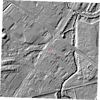 Shaded relief map of the ground around BN227SB, computed from Environment Agency LiDAR. The ground here sits at about 3 m above sea level and falls 7 m across the surrounding 800 m. Surface water reaching this point runs off ground lying to the south-east, 1.3 m higher.