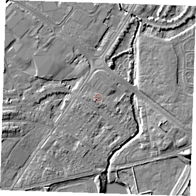 Shaded relief map of the ground around BN227SE, computed from Environment Agency LiDAR. The ground here sits at about 4 m above sea level and falls 6 m across the surrounding 800 m. Surface water reaching this point runs off ground lying to the south-west, 1.0 m higher.