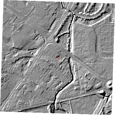 Shaded relief map of the ground around BN227SG, computed from Environment Agency LiDAR. The ground here sits at about 3 m above sea level and falls 7 m across the surrounding 800 m. Surface water reaching this point runs off ground lying to the south-west, 1.7 m higher.