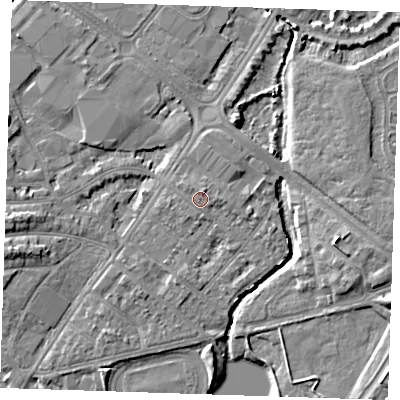 Shaded relief map of the ground around BN227SJ, computed from Environment Agency LiDAR. The ground here sits at about 4 m above sea level and falls 6 m across the surrounding 800 m. Surface water reaching this point runs off ground lying to the north-north-east, 0.9 m higher.