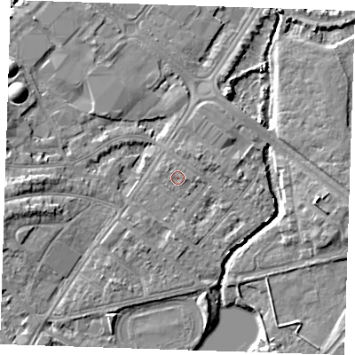 Shaded relief map of the ground around BN227SN, computed from Environment Agency LiDAR. The ground here sits at about 4 m above sea level and falls 7 m across the surrounding 800 m. Surface water reaching this point runs off ground lying to the east-south-east, 0.7 m higher.