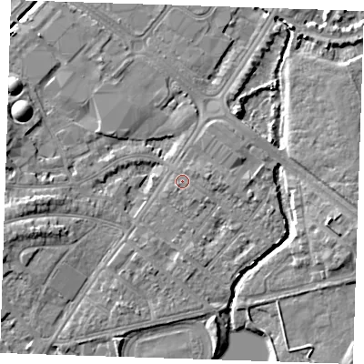 Shaded relief map of the ground around BN227SP, computed from Environment Agency LiDAR. The ground here sits at about 4 m above sea level and falls 7 m across the surrounding 800 m. Surface water reaching this point runs off ground lying to the east, 1.1 m higher.