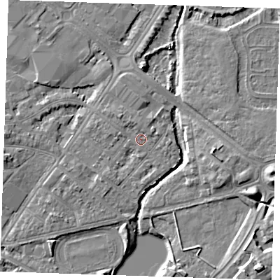 Shaded relief map of the ground around BN227SR, computed from Environment Agency LiDAR. The ground here sits at about 3 m above sea level and falls 9 m across the surrounding 800 m. Surface water reaching this point runs off ground lying to the south-west, 1.6 m higher.