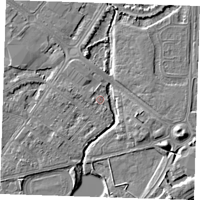 Shaded relief map of the ground around BN227SS, computed from Environment Agency LiDAR. The ground here sits at about 3 m above sea level and falls 8 m across the surrounding 800 m. Surface water reaching this point runs off ground lying to the west-north-west, 1.7 m higher.