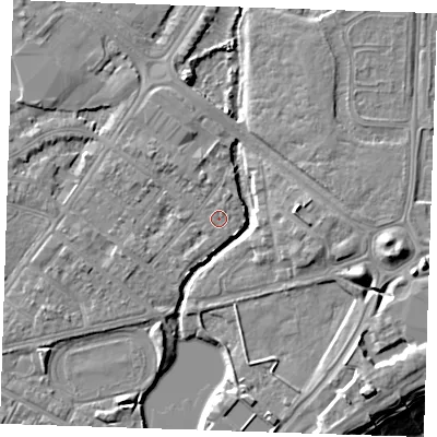 Shaded relief map of the ground around BN227ST, computed from Environment Agency LiDAR. The ground here sits at about 3 m above sea level and falls 13 m across the surrounding 800 m. Surface water reaching this point runs off ground lying to the north-west, 1.8 m higher.