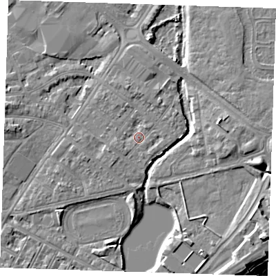 Shaded relief map of the ground around BN227SU, computed from Environment Agency LiDAR. The ground here sits at about 3 m above sea level and falls 10 m across the surrounding 800 m. Surface water reaching this point runs off ground lying to the west-south-west, 1.2 m higher.