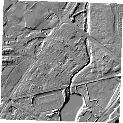 Shaded relief map of the ground around BN227SX, computed from Environment Agency LiDAR. The ground here sits at about 3 m above sea level and falls 7 m across the surrounding 800 m. Surface water reaching this point runs off ground lying to the south-south-west, 1.6 m higher.