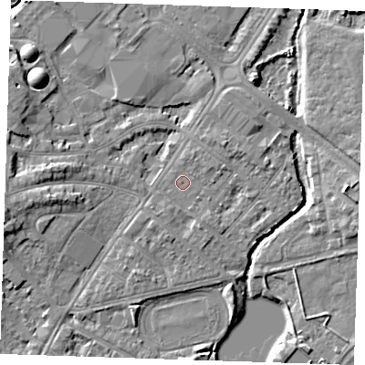 Shaded relief map of the ground around BN227SY, computed from Environment Agency LiDAR. The ground here sits at about 3 m above sea level and falls 7 m across the surrounding 800 m. Surface water reaching this point runs off ground lying to the east-north-east, 0.8 m higher.