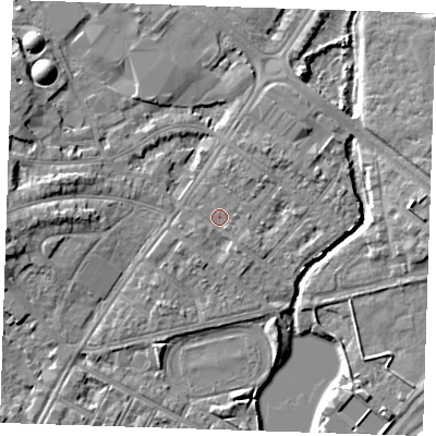 Shaded relief map of the ground around BN227SZ, computed from Environment Agency LiDAR. The ground here sits at about 3 m above sea level and falls 7 m across the surrounding 800 m. Surface water reaching this point runs off ground lying to the south-south-west, 1.5 m higher.
