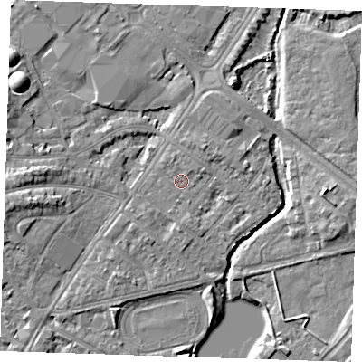 Shaded relief map of the ground around BN227TA, computed from Environment Agency LiDAR. The ground here sits at about 3 m above sea level and falls 7 m across the surrounding 800 m. Surface water reaching this point runs off ground lying to the north-east, 0.8 m higher.