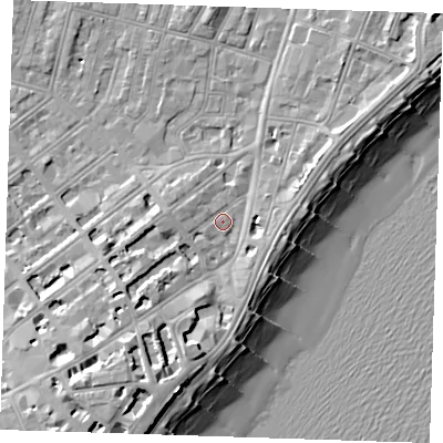 Shaded relief map of the ground around BN228AA, computed from Environment Agency LiDAR. The ground here sits at about 4 m above sea level and falls 14 m across the surrounding 800 m. Surface water reaching this point runs off ground lying to the south-west, 1.9 m higher.
