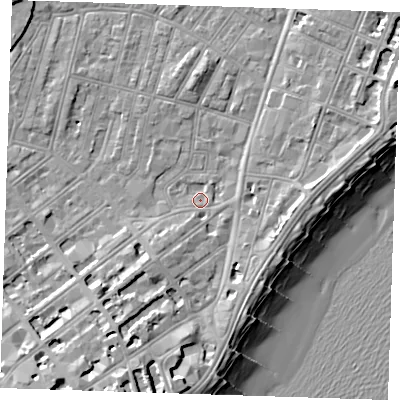Shaded relief map of the ground around BN228AF, computed from Environment Agency LiDAR. The ground here sits at about 3 m above sea level and falls 13 m across the surrounding 800 m. Surface water reaching this point runs off ground lying to the south-west, 3.5 m higher.