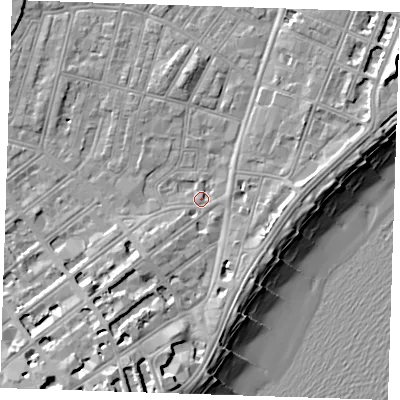 Shaded relief map of the ground around BN228AH, computed from Environment Agency LiDAR. The ground here sits at about 4 m above sea level and falls 13 m across the surrounding 800 m. Surface water reaching this point runs off ground lying to the south, 6.3 m higher.