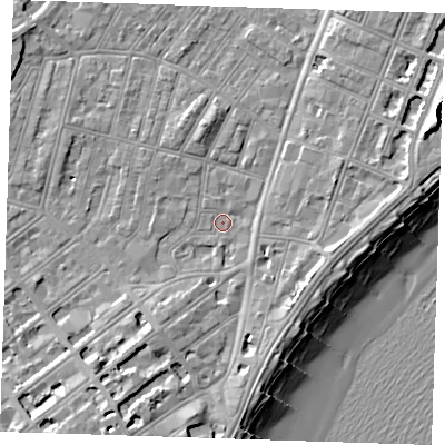 Shaded relief map of the ground around BN228AN, computed from Environment Agency LiDAR. The ground here sits at about 3 m above sea level and falls 12 m across the surrounding 800 m. Surface water reaching this point runs off ground lying to the south-south-west, 5.8 m higher.