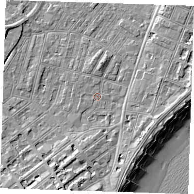 Shaded relief map of the ground around BN228AP, computed from Environment Agency LiDAR. The ground here sits at about 3 m above sea level and falls 12 m across the surrounding 800 m. Surface water reaching this point runs off ground lying to the west-north-west, 1.0 m higher.