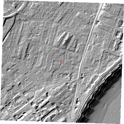 Shaded relief map of the ground around BN228AS, computed from Environment Agency LiDAR. The ground here sits at about 3 m above sea level and falls 12 m across the surrounding 800 m. Surface water reaching this point runs off ground lying to the west-north-west, 1.0 m higher.