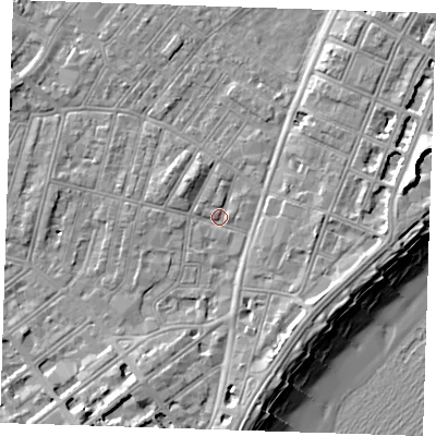 Shaded relief map of the ground around BN228AU, computed from Environment Agency LiDAR. The ground here sits at about 3 m above sea level and falls 12 m across the surrounding 800 m. Surface water reaching this point runs off ground lying to the south-south-east, 4.2 m higher.