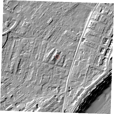 Shaded relief map of the ground around BN228AX, computed from Environment Agency LiDAR. The ground here sits at about 4 m above sea level and falls 12 m across the surrounding 800 m. Surface water reaching this point runs off ground lying to the west, 2.2 m higher.