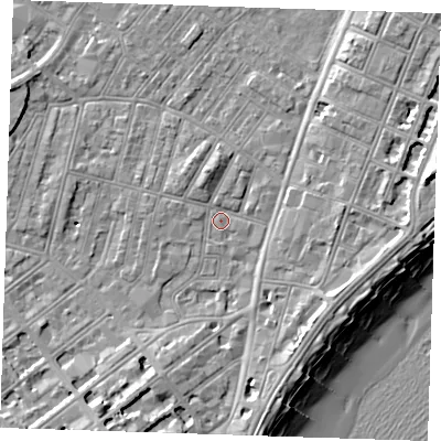 Shaded relief map of the ground around BN228AZ, computed from Environment Agency LiDAR. The ground here sits at about 3 m above sea level and falls 12 m across the surrounding 800 m. Surface water reaching this point runs off ground lying to the south-south-west, 4.9 m higher.