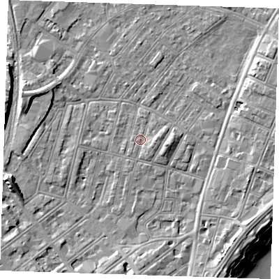 Shaded relief map of the ground around BN228BA, computed from Environment Agency LiDAR. The ground here sits at about 3 m above sea level and falls 13 m across the surrounding 800 m. Surface water reaching this point runs off ground lying to the east-south-east, 1.7 m higher.