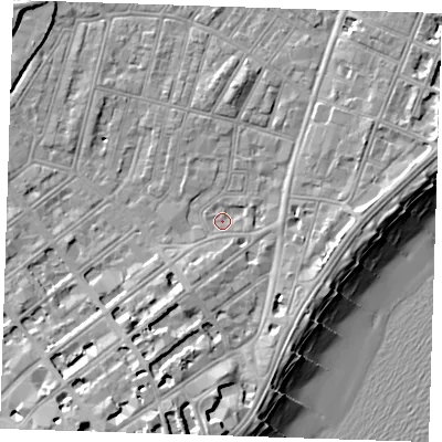 Shaded relief map of the ground around BN228BU, computed from Environment Agency LiDAR. The ground here sits at about 3 m above sea level and falls 13 m across the surrounding 800 m. Surface water reaching this point runs off ground lying to the south-south-west, 3.5 m higher.