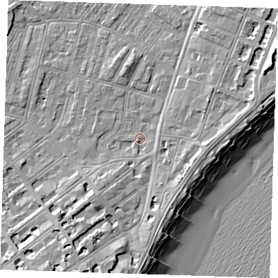 Shaded relief map of the ground around BN228BZ, computed from Environment Agency LiDAR. The ground here sits at about 3 m above sea level and falls 12 m across the surrounding 800 m. Surface water reaching this point runs off ground lying to the south-south-west, 6.2 m higher.