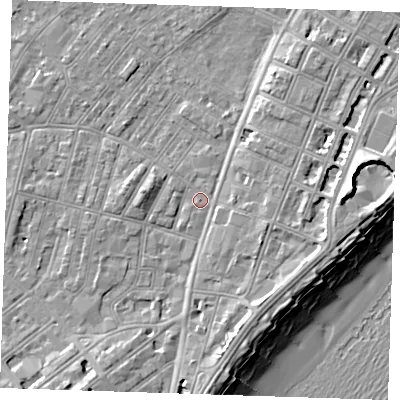 Shaded relief map of the ground around BN228DB, computed from Environment Agency LiDAR. The ground here sits at about 3 m above sea level and falls 12 m across the surrounding 800 m. Surface water reaching this point runs off ground lying to the south, 4.2 m higher.