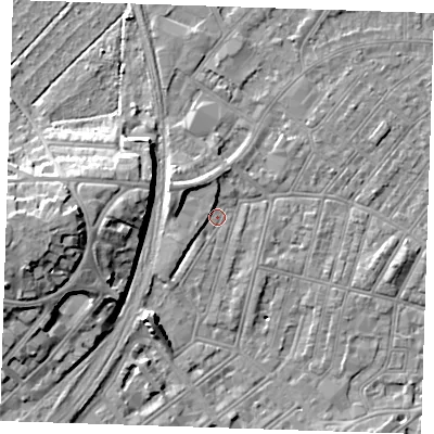 Shaded relief map of the ground around BN228DF, computed from Environment Agency LiDAR. The ground here sits at about 4 m above sea level and falls 15 m across the surrounding 800 m. Surface water reaching this point runs off ground lying to the west-south-west, 2.1 m higher.