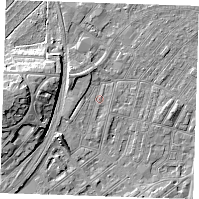 Shaded relief map of the ground around BN228DH, computed from Environment Agency LiDAR. The ground here sits at about 4 m above sea level and falls 15 m across the surrounding 800 m. Surface water reaching this point runs off ground lying to the north-north-east, 0.7 m higher.