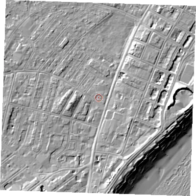 Shaded relief map of the ground around BN228DP, computed from Environment Agency LiDAR. The ground here sits at about 3 m above sea level and falls 12 m across the surrounding 800 m. Surface water reaching this point runs off ground lying to the south, 4.2 m higher.