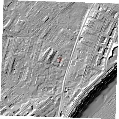 Shaded relief map of the ground around BN228DR, computed from Environment Agency LiDAR. The ground here sits at about 3 m above sea level and falls 12 m across the surrounding 800 m. Surface water reaching this point runs off ground lying to the south-south-east, 4.2 m higher.