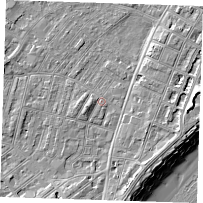 Shaded relief map of the ground around BN228DS, computed from Environment Agency LiDAR. The ground here sits at about 3 m above sea level and falls 12 m across the surrounding 800 m. Surface water reaching this point runs off ground lying to the south-south-east, 4.2 m higher.