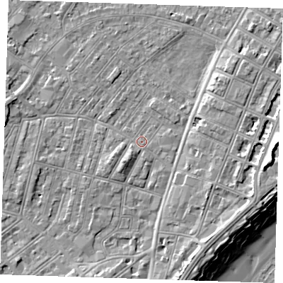 Shaded relief map of the ground around BN228DU, computed from Environment Agency LiDAR. The ground here sits at about 3 m above sea level and falls 12 m across the surrounding 800 m. Surface water reaching this point runs off ground lying to the south-south-east, 4.2 m higher.
