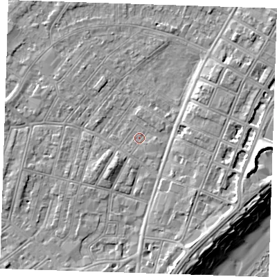 Shaded relief map of the ground around BN228DX, computed from Environment Agency LiDAR. The ground here sits at about 3 m above sea level and falls 12 m across the surrounding 800 m. Surface water reaching this point runs off ground lying to the south-south-east, 4.3 m higher.
