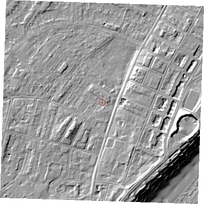 Shaded relief map of the ground around BN228DY, computed from Environment Agency LiDAR. The ground here sits at about 2 m above sea level and falls 12 m across the surrounding 800 m. Surface water reaching this point runs off ground lying to the south-south-east, 4.3 m higher.