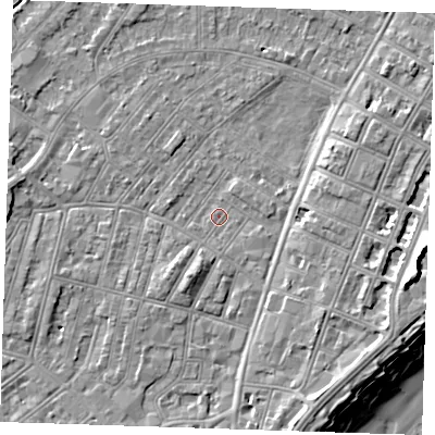 Shaded relief map of the ground around BN228EA, computed from Environment Agency LiDAR. The ground here sits at about 3 m above sea level and falls 12 m across the surrounding 800 m. Surface water reaching this point runs off ground lying to the south-south-east, 4.4 m higher.
