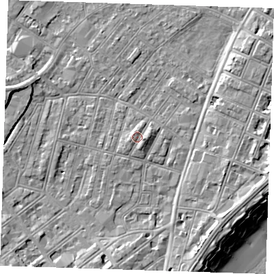 Shaded relief map of the ground around BN228EB, computed from Environment Agency LiDAR. The ground here sits at about 4 m above sea level and falls 11 m across the surrounding 800 m. Surface water reaching this point runs off ground lying to the west-north-west, 1.2 m higher.