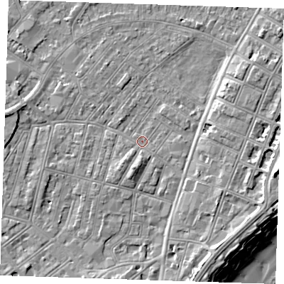 Shaded relief map of the ground around BN228ED, computed from Environment Agency LiDAR. The ground here sits at about 3 m above sea level and falls 12 m across the surrounding 800 m. Surface water reaching this point runs off ground lying to the south-south-west, 2.7 m higher.