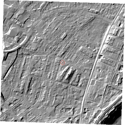 Shaded relief map of the ground around BN228EE, computed from Environment Agency LiDAR. The ground here sits at about 3 m above sea level and falls 11 m across the surrounding 800 m. Surface water reaching this point runs off ground lying to the west-north-west, 3.2 m higher.