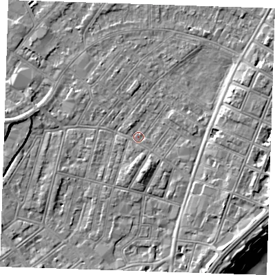 Shaded relief map of the ground around BN228EF, computed from Environment Agency LiDAR. The ground here sits at about 3 m above sea level and falls 11 m across the surrounding 800 m. Surface water reaching this point runs off ground lying to the west, 3.2 m higher.