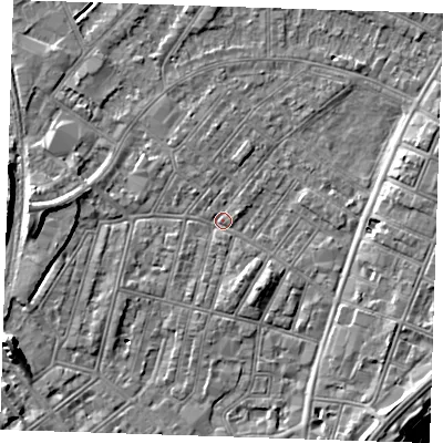 Shaded relief map of the ground around BN228EG, computed from Environment Agency LiDAR. The ground here sits at about 3 m above sea level and falls 11 m across the surrounding 800 m. Surface water reaching this point runs off ground lying to the west, 3.2 m higher.
