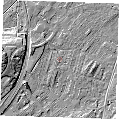 Shaded relief map of the ground around BN228EL, computed from Environment Agency LiDAR. The ground here sits at about 4 m above sea level and falls 14 m across the surrounding 800 m. Surface water reaching this point runs off ground lying to the south, 1.3 m higher.