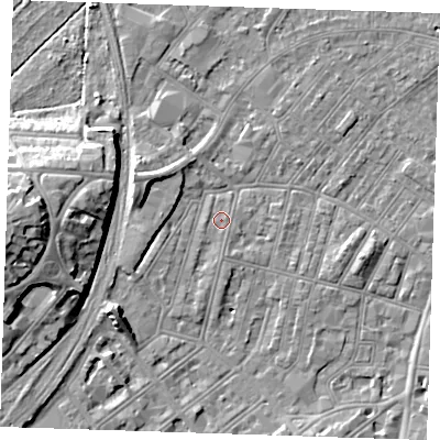 Shaded relief map of the ground around BN228EP, computed from Environment Agency LiDAR. The ground here sits at about 4 m above sea level and falls 15 m across the surrounding 800 m. Surface water reaching this point runs off ground lying to the west, 0.8 m higher.